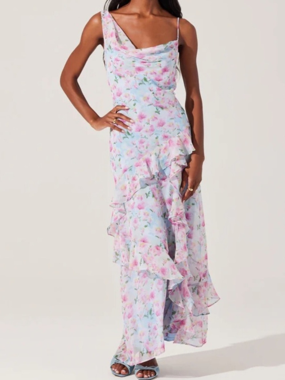 NWT ASTR Levina Asymmetric Blue Floral Ruffle Maxi Dress - Size M